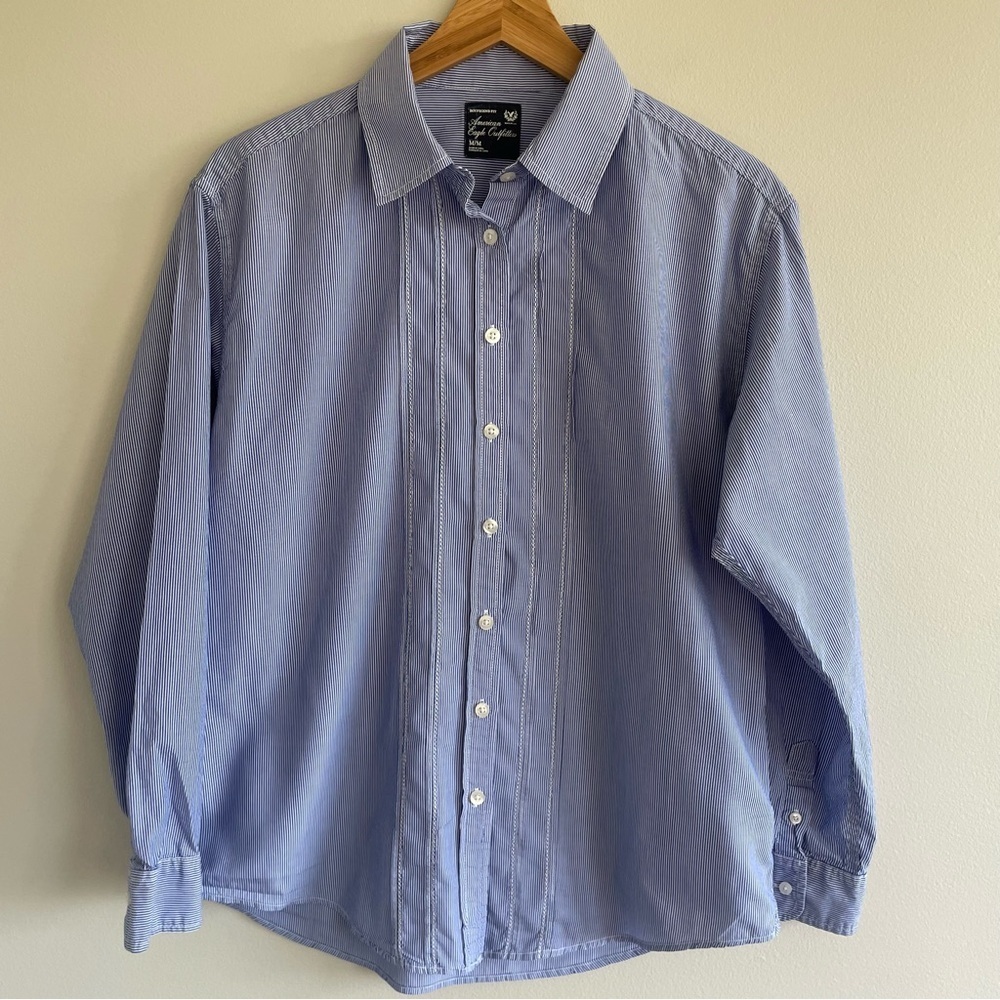 American Eagle Women's Long Sleeve Button Up Shirt Blue/White Size Medium